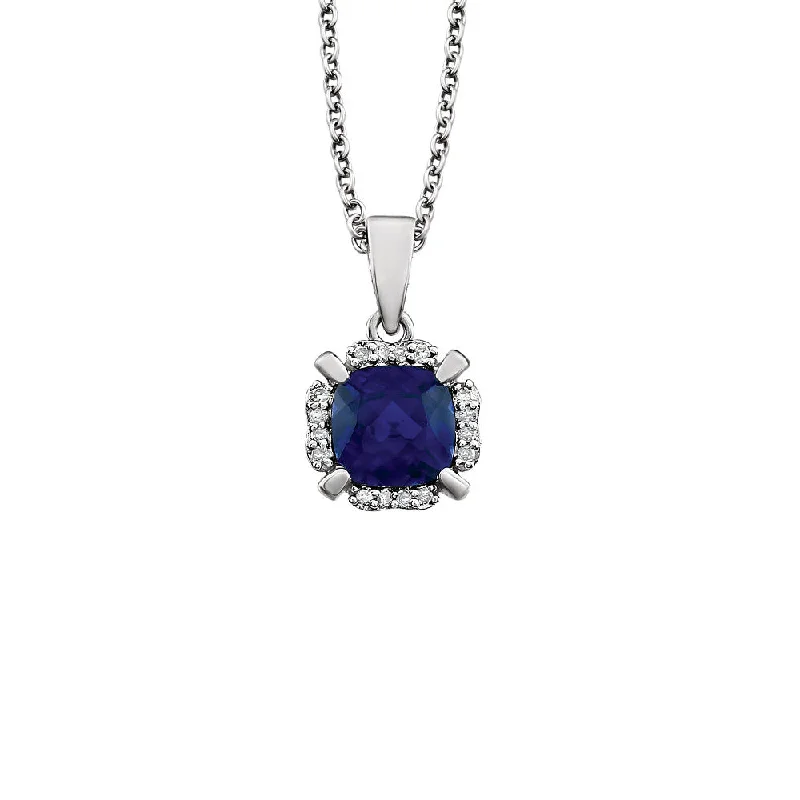 Personalized Gold Necklace for Family-Cushion Created Sapphire & Diamond Necklace in 14k White Gold, 18 Inch