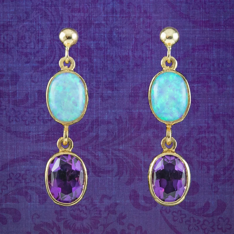 Fashionable Earrings for Teenagers-Edwardian Style Opal Amethyst Drop Earrings 9ct Gold