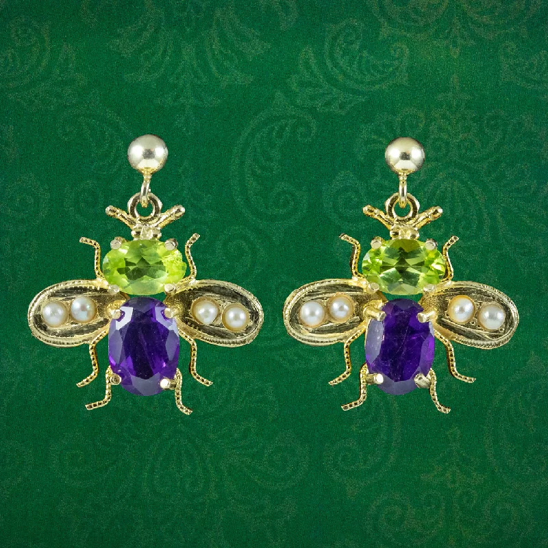 Luxury Stud Earrings for Women-Edwardian Suffragette Style Insect Bee Earrings Peridot Amethyst Pearls