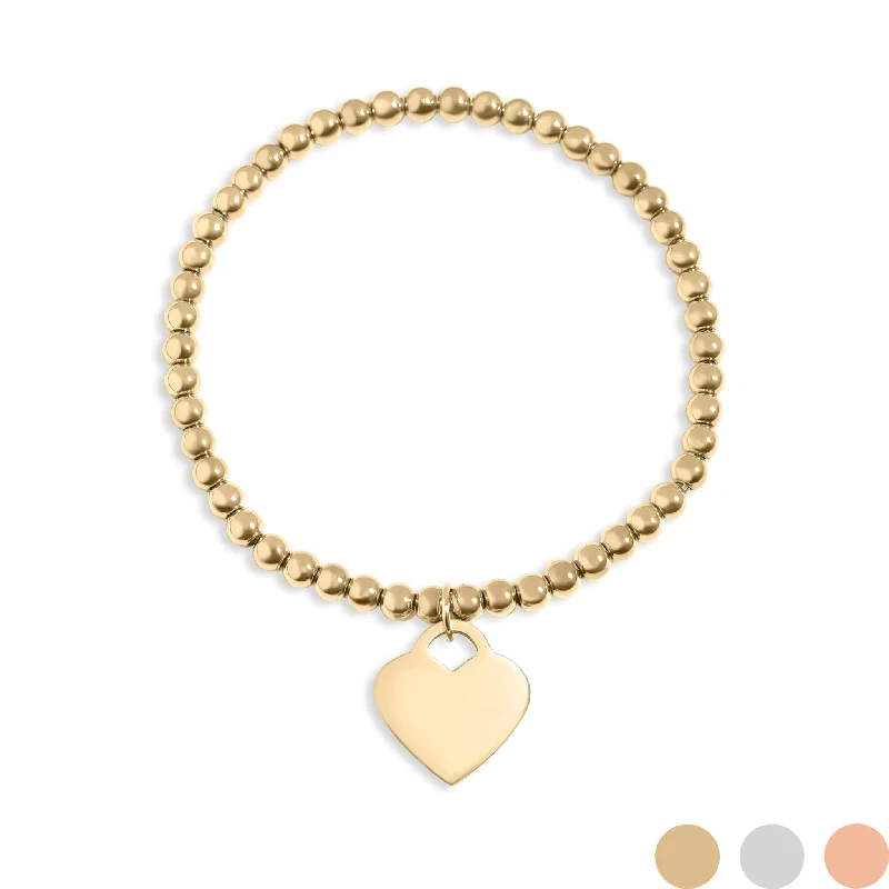 Custom Bracelet with Family Initials-18K Gold PVD Stainless Steel Beaded Blank Heart Stretch Bracelet / SBB0273