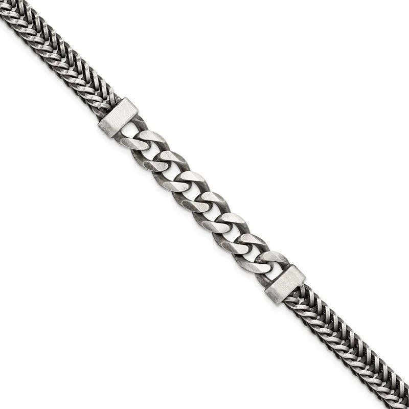 Minimalist Bracelet for Women-Sterling Silver Brushed Antiqued Wheat & Curb Chain Bracelet