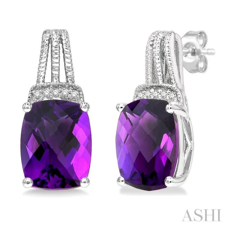 Personalized Name Earrings-1/50 Ctw Looped Round Cut Diamond & 9x7MM Cushion Cut Amethyst Semi Precious Earring in Sterling Silver