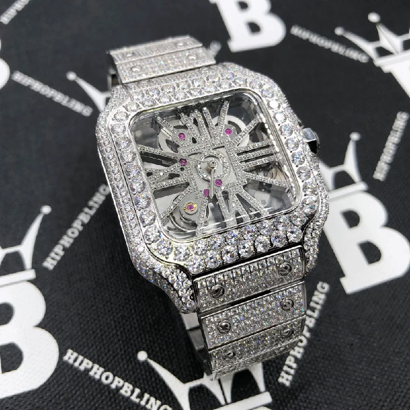 Durable Watches for Outdoor Activities-Skeleton Iced Out Baller Square CZ Bust Down Watch