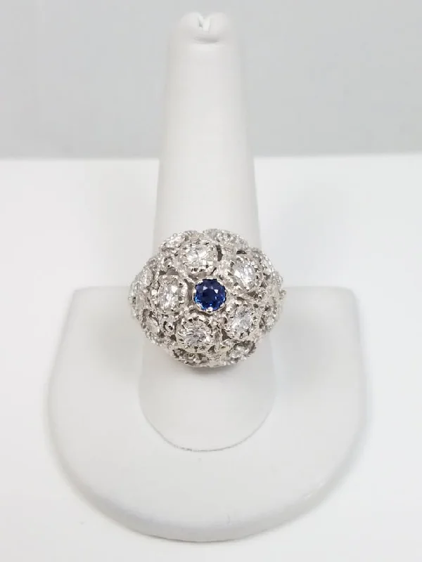 Custom Wedding Ring for Fashionable Couples-Magnificent 14k White Gold Natural Sapphire Diamond Dome Ring