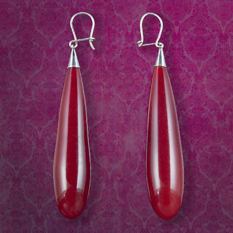 Handmade Earrings for Gifts-Antique Victorian Red Amber Drop Earrings Silver Wires