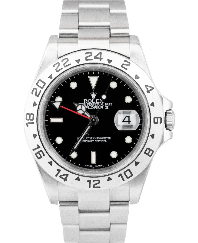 Fashionable Women's Watches for Gift Giving-RARE ERROR 2005 Rolex Explorer II 16570 Black Steel GMT 40mm Watch PAPERS B+P