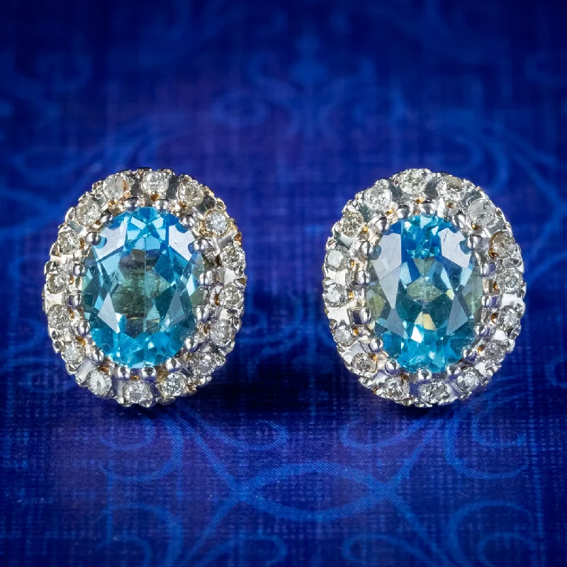 Crystal Stud Earrings for Weddings-Victorian Style Blue Topaz Diamond Stud Earrings 9ct Gold