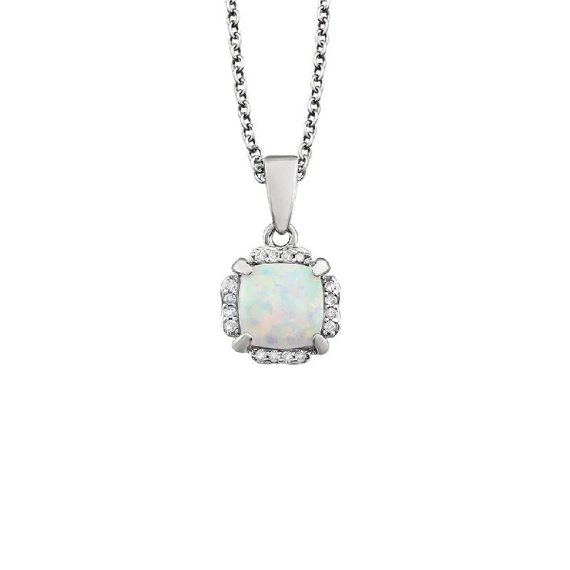 Layered Necklace with Multiple Charms-Cushion Created White Opal & Diamond 14k White Gold Necklace, 18 Inch