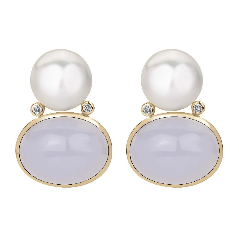 Sparkling Silver Earrings for Women-Earrings - South Sea Pearl, Chalcedony And Diamond