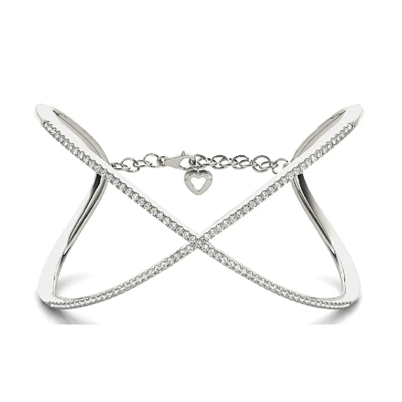 Statement Bangles for Bridal Style-Criss Cross 1.63 ctw Round Diamond Cuff Bangle Bracelet With Security Chain