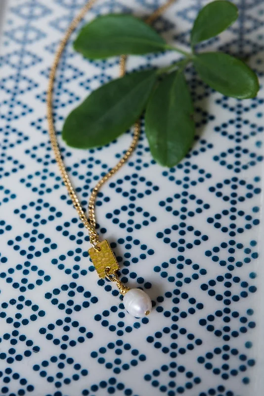 Boho Beaded Necklace for Summer-Gold Bar and Pearl Necklace