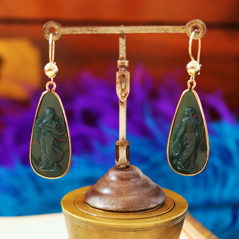 Fashion Forward Earrings for Teen Girls-Antique Victorian Carved Bloodstone Goddess Earrings