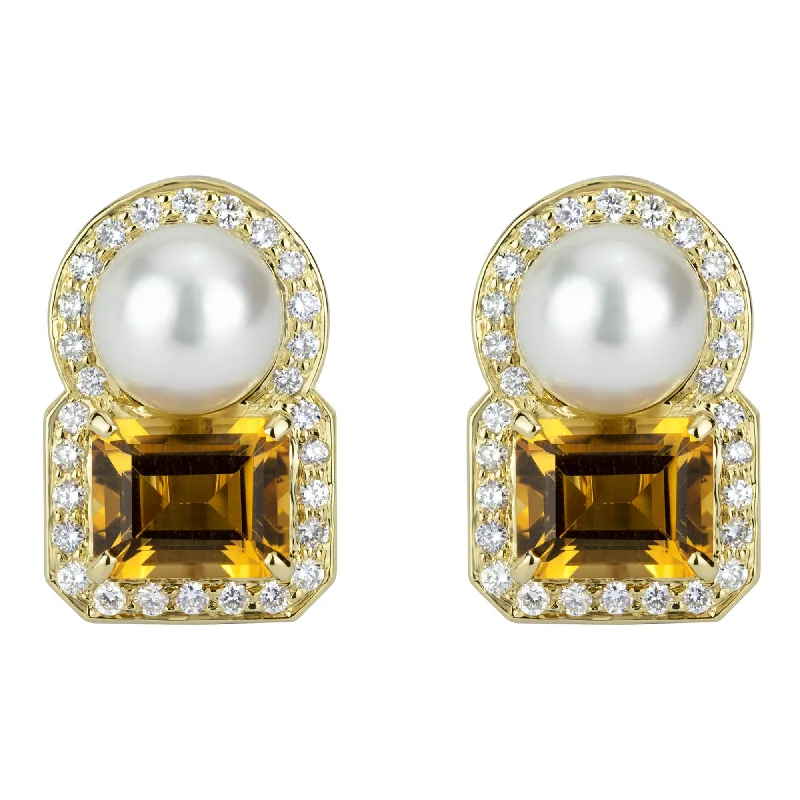 Bright Earrings for Daytime Looks-Earrings - South Sea Pearl, Citrine And Diamond