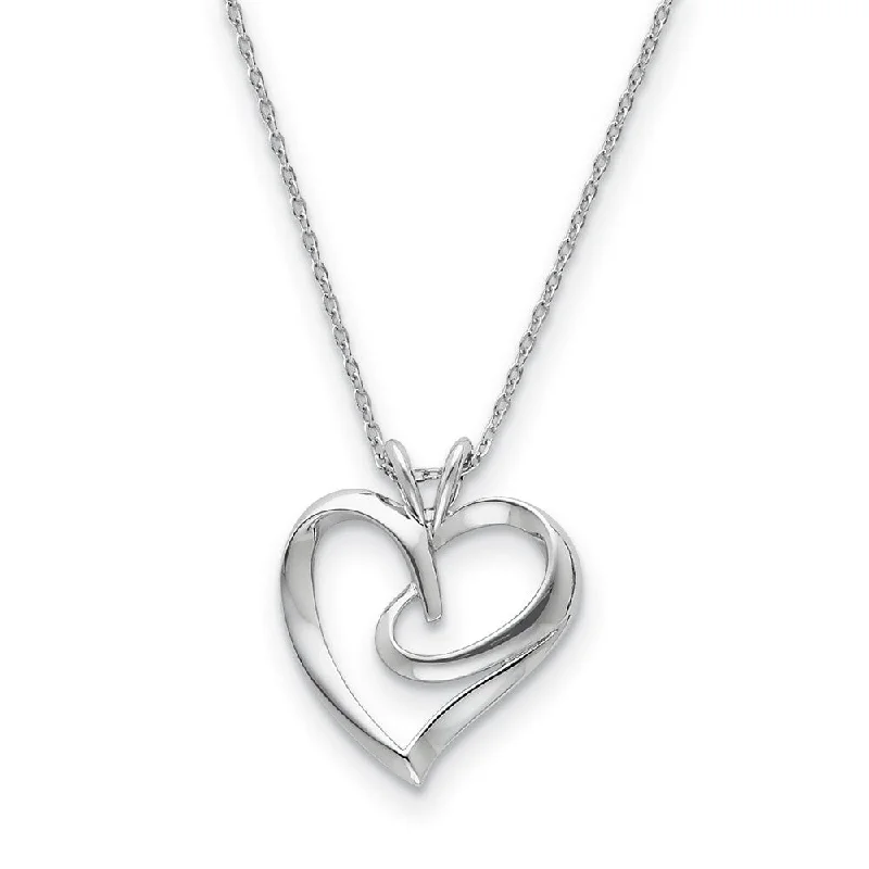 Silver Necklace for Everyday Wear-Rhodium Plated Sterling Silver Hugging Heart Necklace, 18 Inch