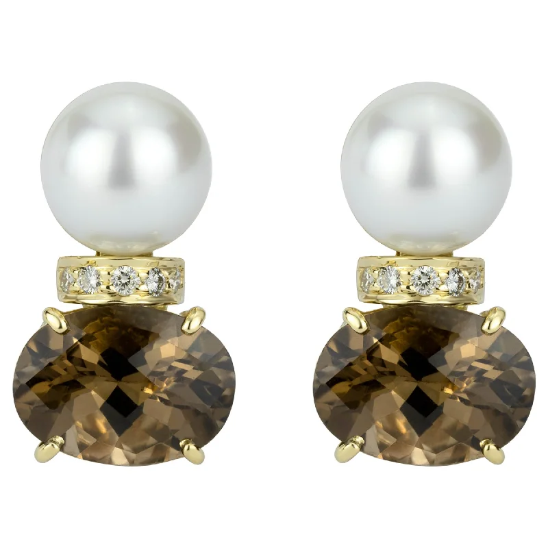 Round Earrings for Every Occasion-Earrings - South Sea Pearl, Smoky Quartz And Diamond