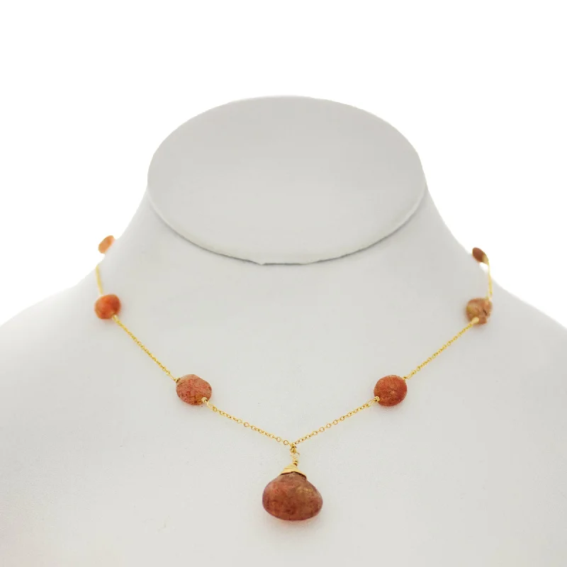 Silver Necklace with Gemstones-Sandalwood - Sunstone Drop and Sunstone between chain Necklace