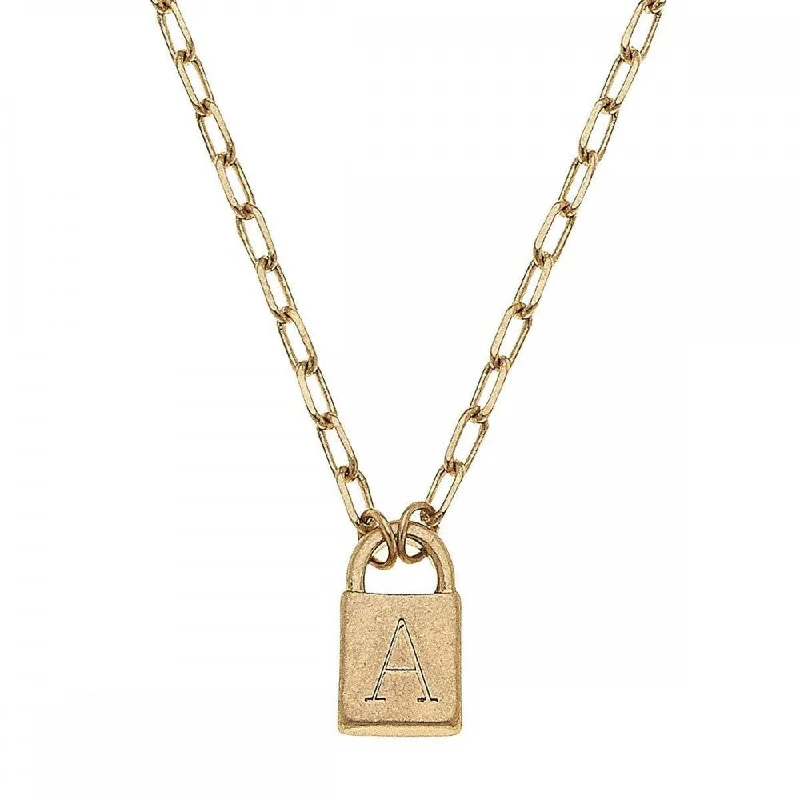 Personalized Necklace with Charm-Initial Padlock Pendant Necklace, Worn Gold