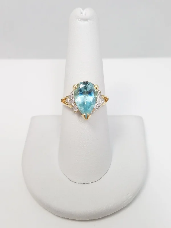 Large Ruby Ring for Women-Whimsical Natural Blue Topaz & Natural Diamond 14k Yellow Gold Ring