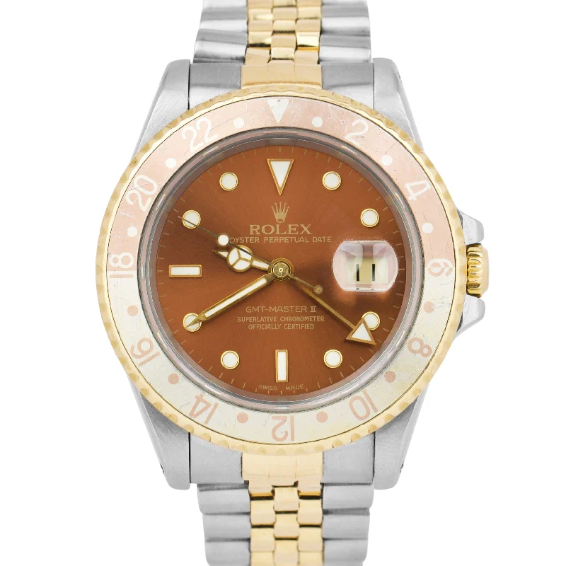 Designer Watches for Luxury Gifts-Rolex GMT-Master II Two-Tone Stainless Gold ROOT BEER Jubilee 40mm Watch 16713