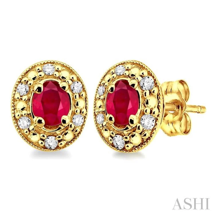 Sparkly Earrings for Bridesmaids-4x3mm Oval Shaped Ruby and 1/10 Ctw Single Cut Diamond Earrings in 14K Yellow Gold