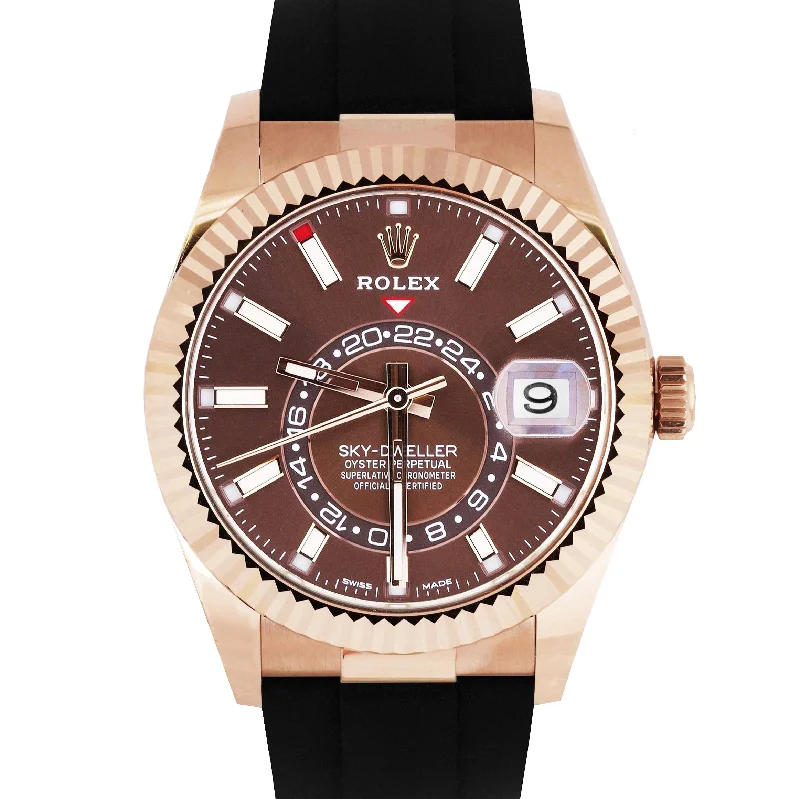 Luxury Sports Watches for Men-2021 Rolex Sky-Dweller 18K Rose Gold Chocolate Oysterflex 326235 42mm Watch B+P