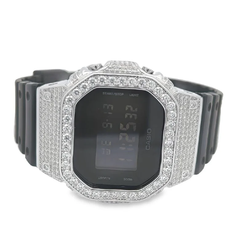 Men's Watches with Silver Mesh Strap for Sleek Style-Custom G Shock DW5600 Iced Out Watch 4.50 Carat Moissanite