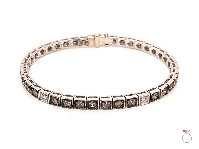 Simple Leather Bracelet for Casual Look-Diamond Tennis Bracelet, Chocolate and White Diamonds 3.63 CTW, 18K White Gold