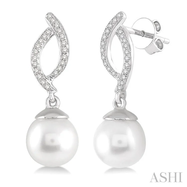 Beautiful Earrings for Evening Parties-7x7 MM Round Cut Cultured Pearls and 1/6 Ctw Round Cut Diamond Earrings in 10K White Gold