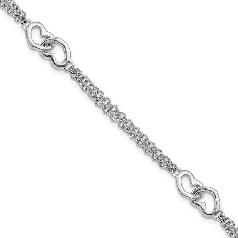 Adjustable Bracelet for Comfortable Fit-Sterling Silver Rhodium-plated Hearts Double Chain Bracelet