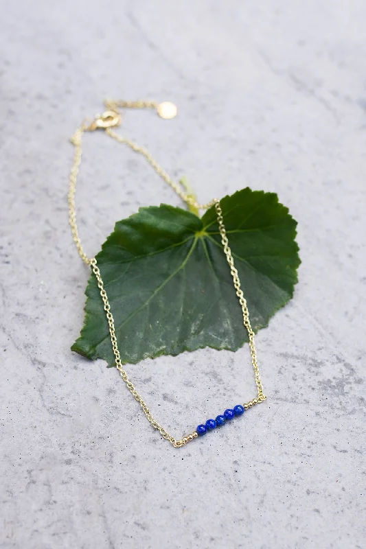 Layered Silver Necklace for Trendy Look-Lapis & Gold Bead Bar Necklace