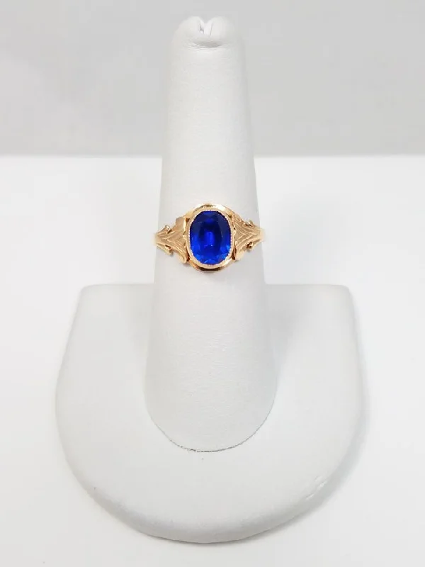 Custom Ring for Proposal-Ornate Vintage 14k Yellow Gold Synthetic Gemstone Ring