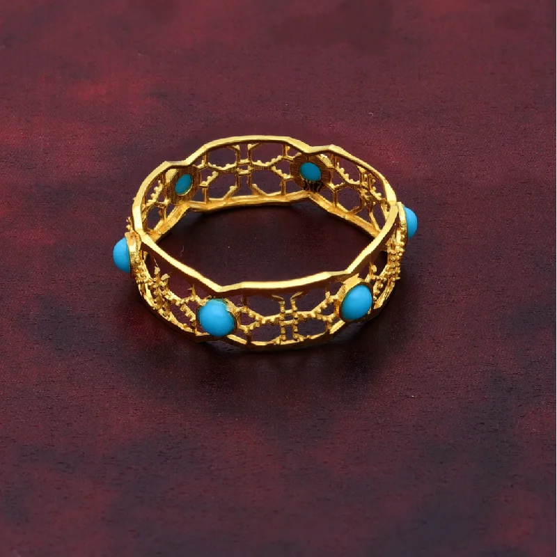 Custom Ring with Personalized Engraving-Gold Hollow Flower Turquoise Design Ring 21KT - FKJRN21K9051