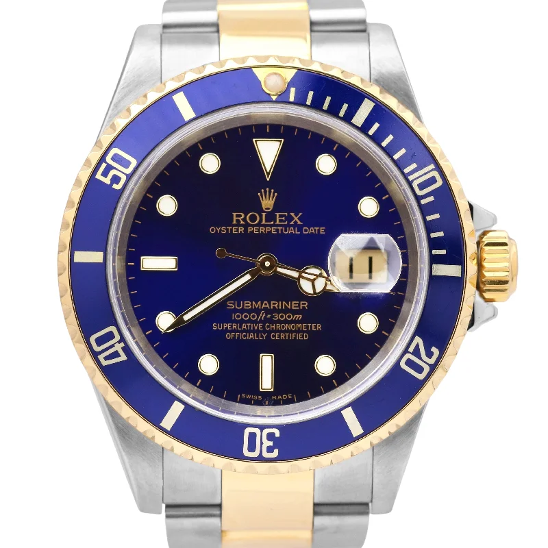 Unique Watches for Collectors-Rolex Submariner Date Two-Tone Gold Blue NO HOLES 40mm PAPERS Watch 16613 B+P