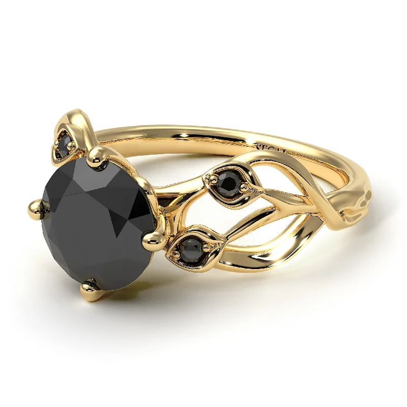 Classic Engagement Ring for Women-Black Diamond Blossom 14K Golden Nature Inspired Engagement Ring - Haley No. 37