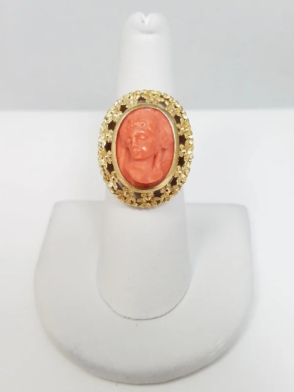 Sapphire Engagement Ring for Women-Vintage Coral Cameo 14k Yellow Gold Ring