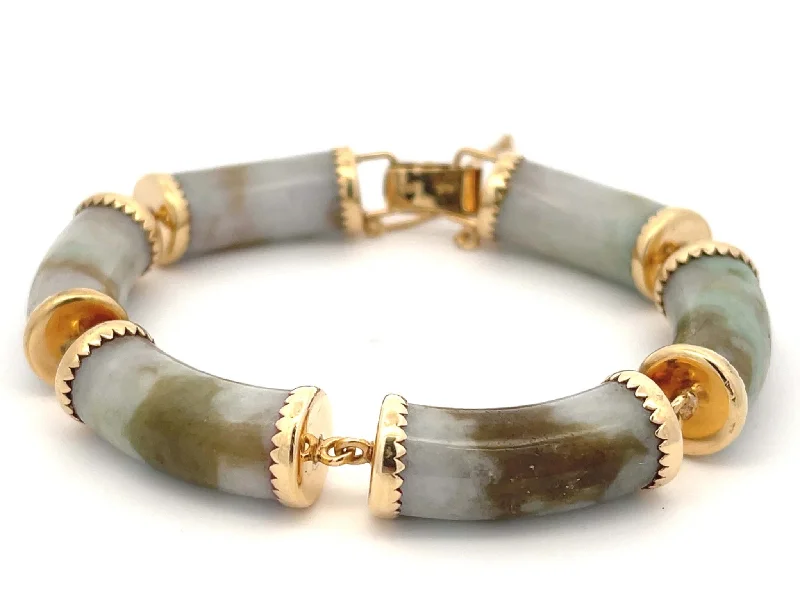 Silver Bracelet for Men with Custom Engraving-Mings Pale Green and Brown Jade Bracelet in 14K Yellow Gold