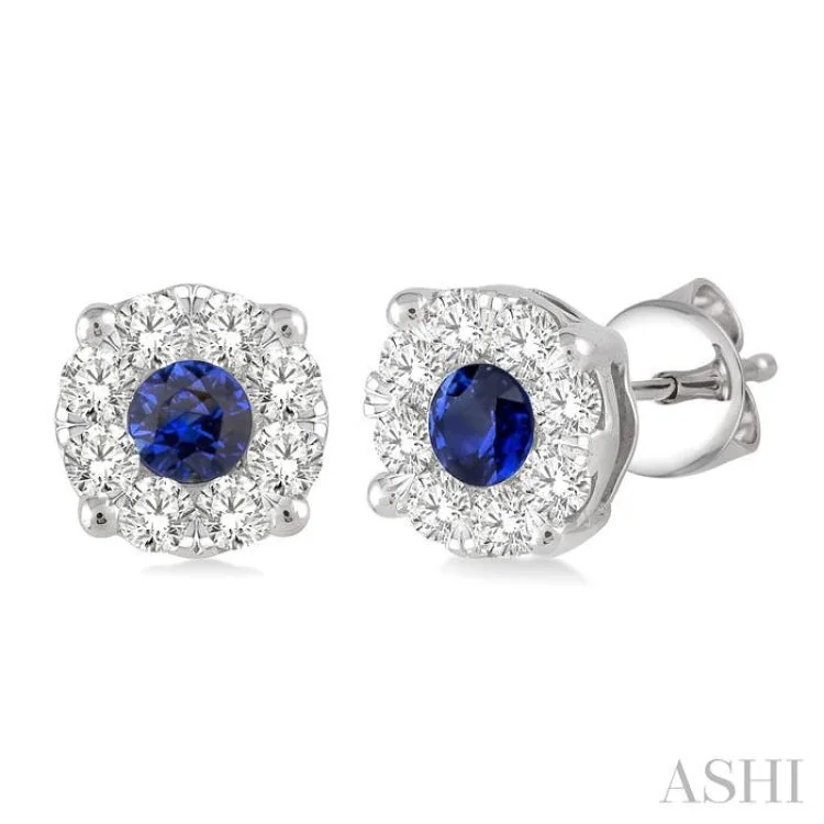 Large Drop Earrings for Fashion-3.2 mm Round Cut Sapphire and 1/2 Ctw Lovebright Diamond Earrings in 14K White Gold