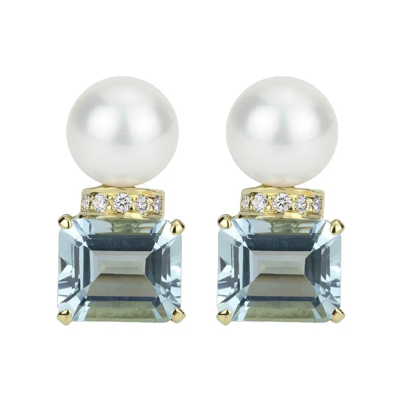 Gold Earrings for Formal Occasions-Earrings - South Sea Pearl, Aquamarine And Diamond