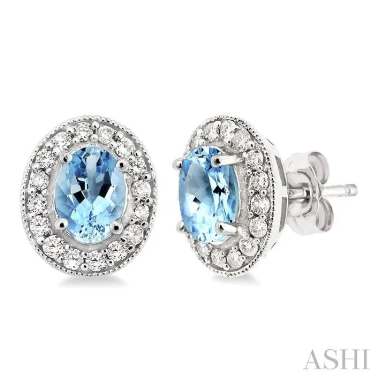 Small Hoop Earrings for Daily Wear-7x5mm Oval Cut Aquamarine and 3/8 Ctw Round Cut Diamond Earrings in 14K White Gold