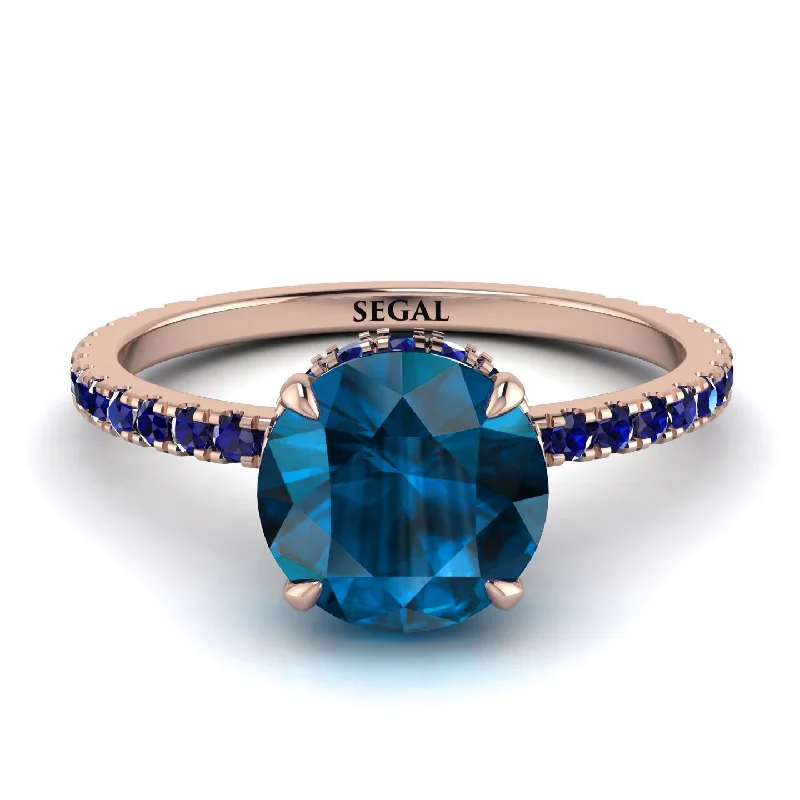 Simple Engagement Ring for Elegant Look-Hidden Diamond Round Blue Topaz Cat Claw Engagement Ring - Aurora No. 514