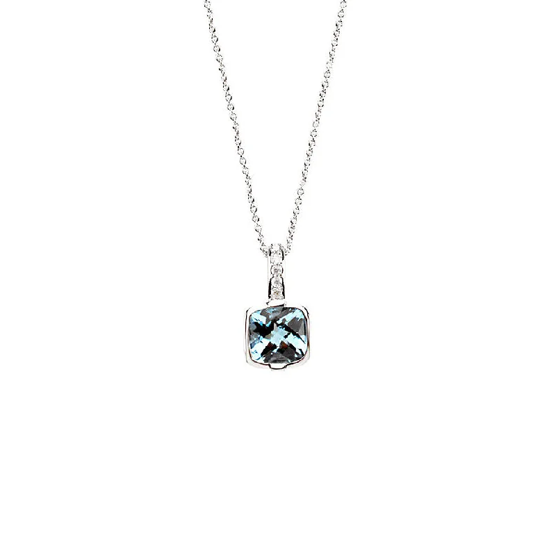 Personalized Gold Necklace for Family-Cushion Swiss Blue Topaz & Diamond 14k White Gold Necklace, 18 Inch