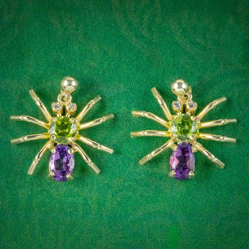 Classic Pearl Earrings for Brides-Edwardian Suffragette Style Spider Stud Earrings Amethyst Peridot Diamond