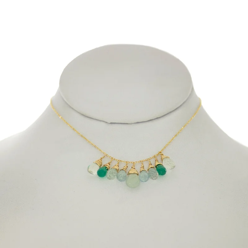 Personalized Gold Necklace for Family-Seafoam Green - Aquamarine, Topaz, Green Onyx, Drops Necklace