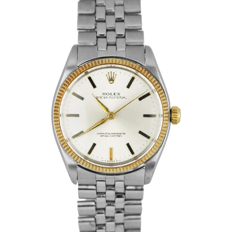 Automatic Watches for Collectors-VINTAGE Rolex Oyster Perpetual Stainless Silver Dial 34mm 18k Fluted 6564 Watch