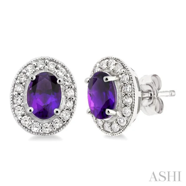 Multi-color Earrings for Fashionistas-7x5MM Oval Cut Amethyst and 3/8 Ctw Round Cut Diamond Earrings in 14K White Gold