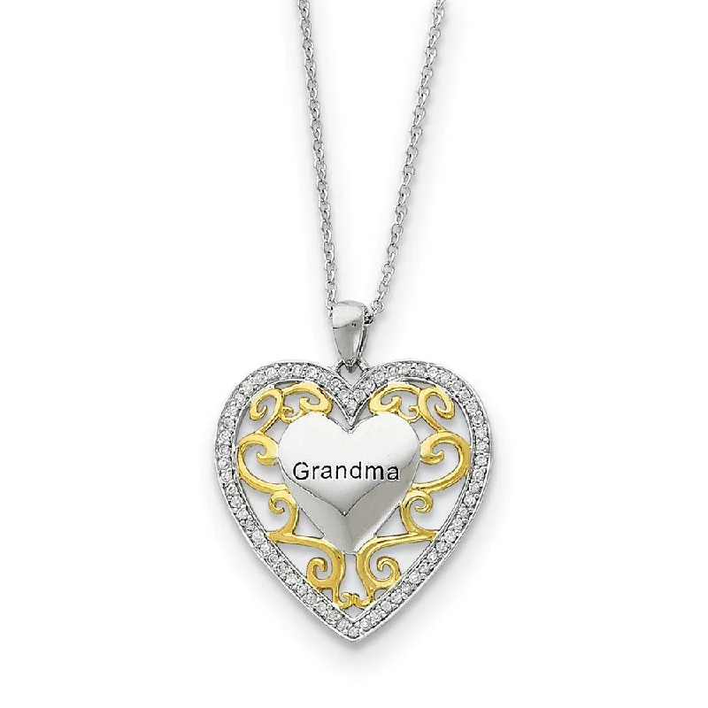 Geometric Necklace for Fashionable Women-Rhodium & Gold Tone Plated Silver & CZ Grandma Heart Necklace, 18 Inch