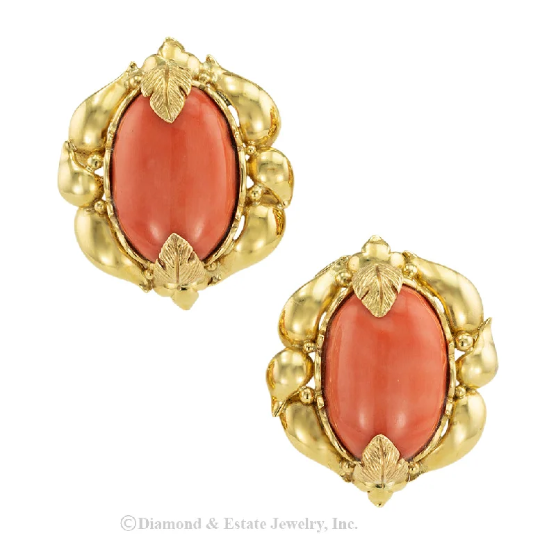 Vintage Gold Earrings-Vintage Extra Large Coral Yellow Gold Clip On Earrings Circa 1970s