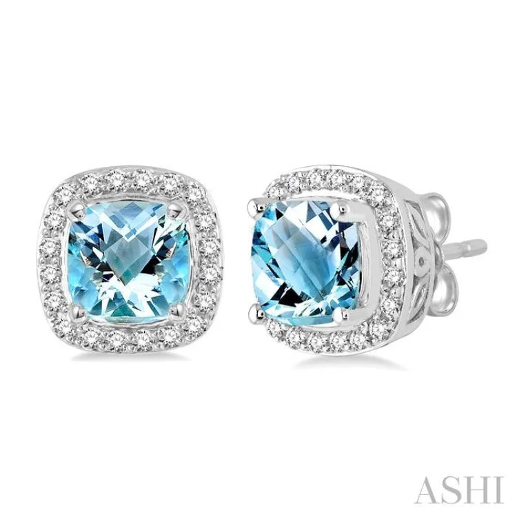 Unique Gem Earrings for Trendsetters-6x6 mm Cushion Cut Aquamarine and 1/4 Ctw Round Cut Diamond Earrings in 14K White Gold