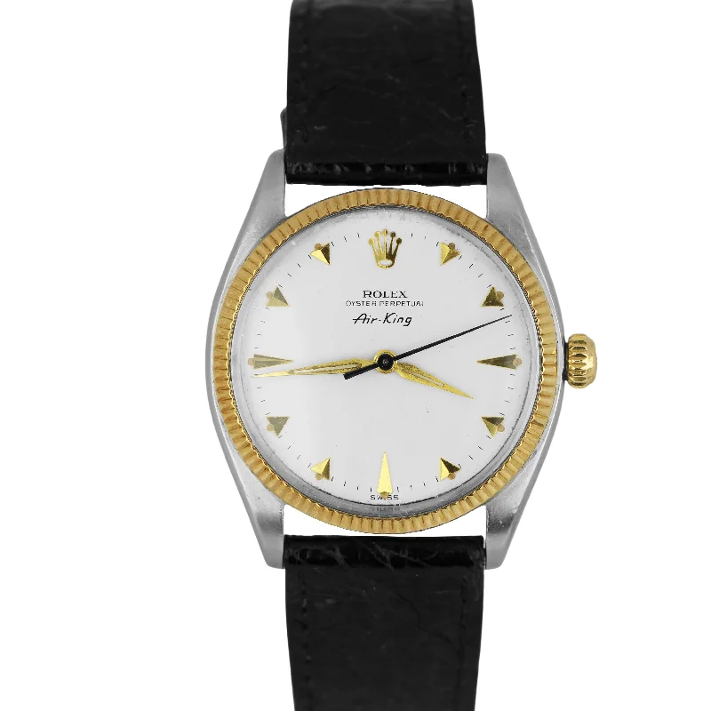 Vintage Watches for Classic Style-VINTAGE Rolex Air King Steel White 34mm 18K Fluted Bezel Leather 5501 Watch