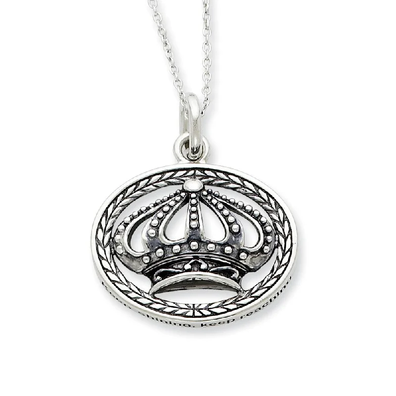 Fashion Necklace for Young Women-Rhodium Plated Silver Keep Shining, Keep Reaching, Crown Necklace